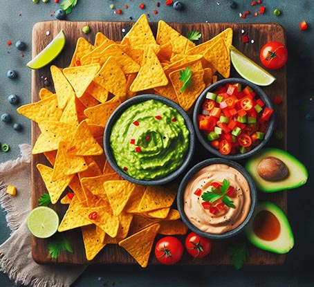 Nachos con guacamole y otras salsas